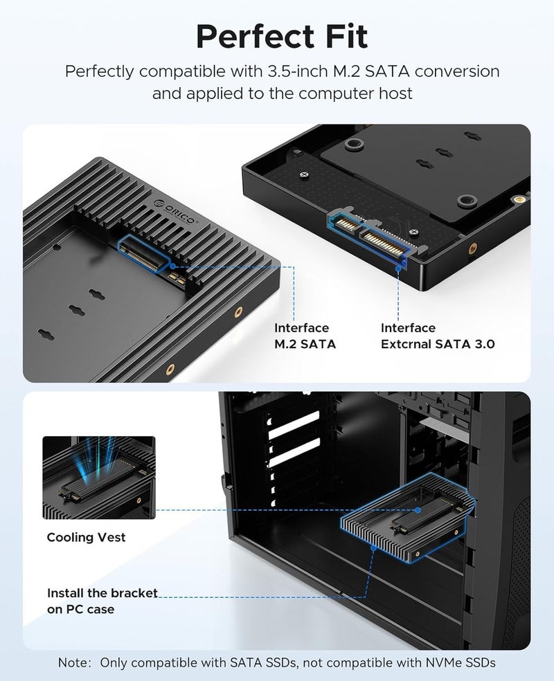 Orico محول M.2 NGFF إلى SATA بحجم 3.5 بوصة، محول SSD بسرعة 6Gbps، متوافق مع M.2 SATA SSD (2230/2242/2260/2280، مفتاح B+M) [لا يدعم NVMe/PCIE، مفتاح M] - Image 3